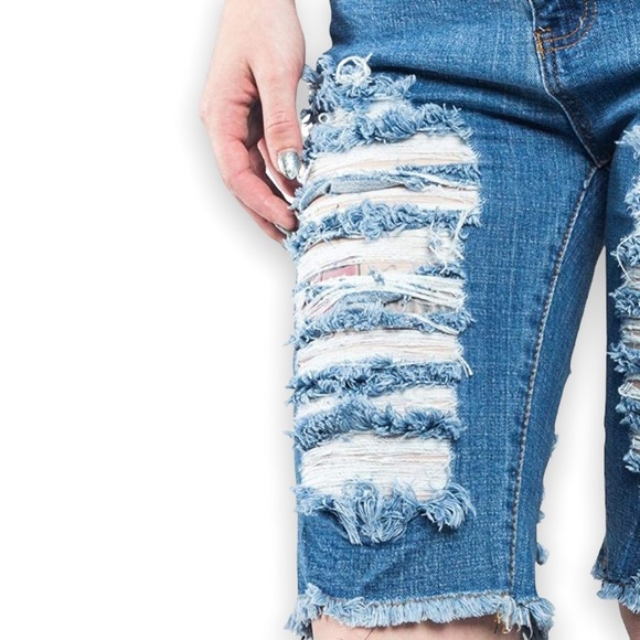 American Bazi Women's Blue Destroyed Denim Distressed Capri Knee Long Shorts - Picture 5 of 11